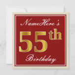 [ Thumbnail: Elegant, Red, Faux Gold 55th Birthday; Custom Name Invitation ]