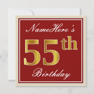 Elegant, Red, Faux Gold 55th Birthday; Custom Name Invitation