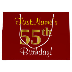 Elegant, Red, Faux Gold 55th Birthday; Custom Name Large Gift Bag