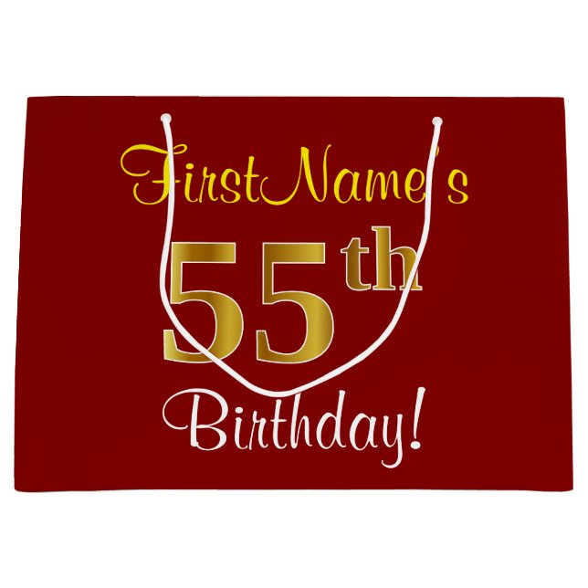 Elegant, Red, Faux Gold 55th Birthday; Custom Name Large Gift Bag (Front)