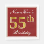 [ Thumbnail: Elegant Red, Faux Gold 55th Birthday + Custom Name Napkins ]