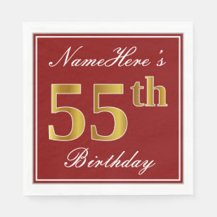 Elegant Red, Faux Gold 55th Birthday + Custom Name Paper Napkins