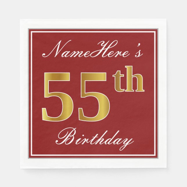 Elegant Red, Faux Gold 55th Birthday + Custom Name Paper Napkins (Front)