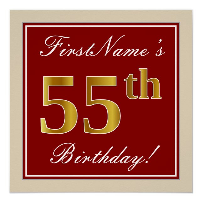 Elegant, Red, Faux Gold 55th Birthday; Custom Name Poster (Front)