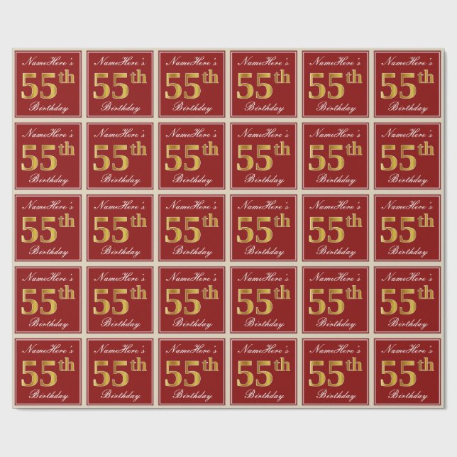 Elegant, Red, Faux Gold 55th Birthday; Custom Name Wrapping Paper (Flat)