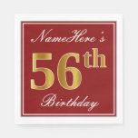 [ Thumbnail: Elegant Red, Faux Gold 56th Birthday + Custom Name Napkins ]
