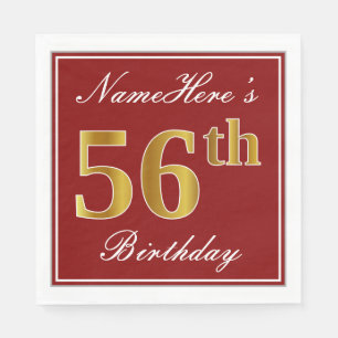 Elegant Red, Faux Gold 56th Birthday + Custom Name Napkins