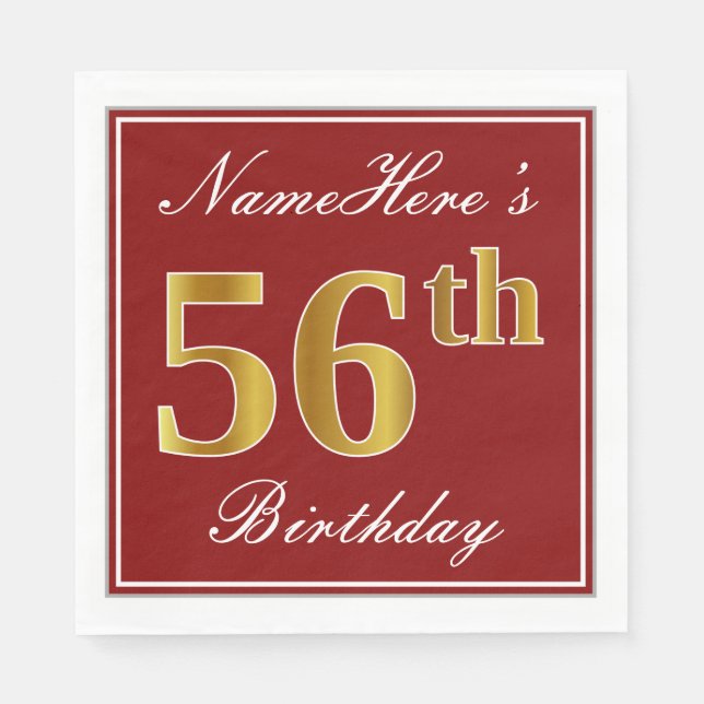 Elegant Red, Faux Gold 56th Birthday + Custom Name Napkins (Front)