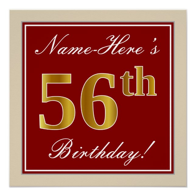 Elegant, Red, Faux Gold 56th Birthday; Custom Name Poster (Front)