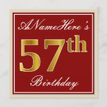 [ Thumbnail: Elegant, Red, Faux Gold 57th Birthday; Custom Name Invitation ]