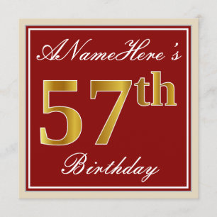 Elegant, Red, Faux Gold 57th Birthday; Custom Name Invitation