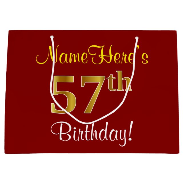 Elegant, Red, Faux Gold 57th Birthday; Custom Name Large Gift Bag (Front)