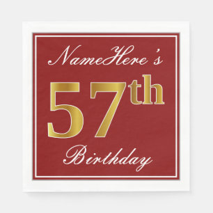 Elegant Red, Faux Gold 57th Birthday + Custom Name Napkins