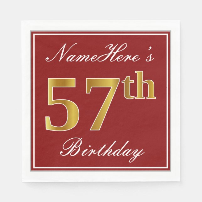Elegant Red, Faux Gold 57th Birthday + Custom Name Napkins (Front)