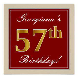 Elegant, Red, Faux Gold 57th Birthday; Custom Name Poster