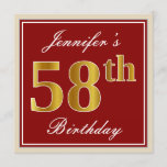 [ Thumbnail: Elegant, Red, Faux Gold 58th Birthday; Custom Name Invitation ]