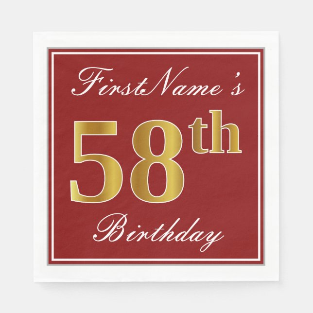 Elegant Red, Faux Gold 58th Birthday + Custom Name Napkins (Front)