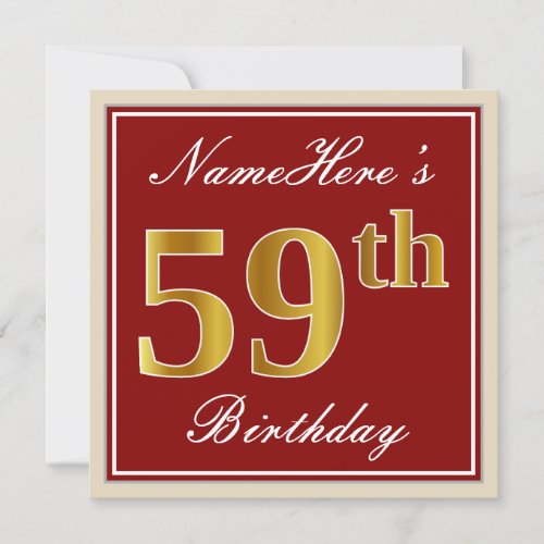 Elegant Red Faux Gold 59th Birthday Custom Name Invitation