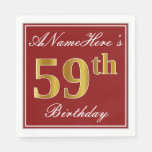 [ Thumbnail: Elegant Red, Faux Gold 59th Birthday + Custom Name Napkins ]