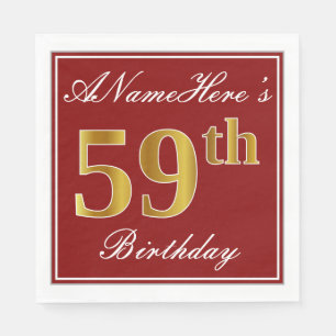 Elegant Red, Faux Gold 59th Birthday + Custom Name Napkins
