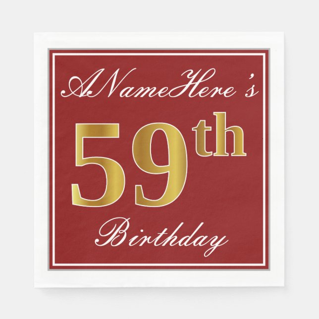 Elegant Red, Faux Gold 59th Birthday + Custom Name Napkins (Front)