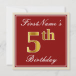 [ Thumbnail: Elegant, Red, Faux Gold 5th Birthday + Custom Name Invitation ]