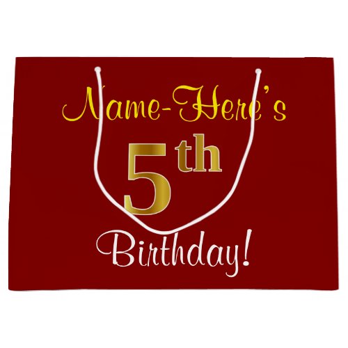 Elegant Red Faux Gold 5th Birthday  Custom Name Large Gift Bag