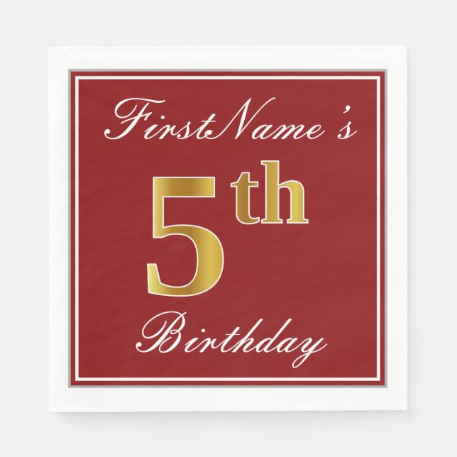 Elegant Red, Faux Gold 5th Birthday + Custom Name Napkins (Front)