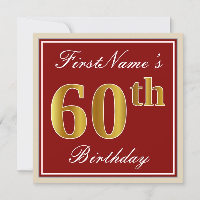 Elegant, Red, Faux Gold 60th Birthday; Custom Name Invitation (Front)