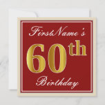 [ Thumbnail: Elegant, Red, Faux Gold 60th Birthday; Custom Name Invitation ]