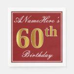 [ Thumbnail: Elegant Red, Faux Gold 60th Birthday + Custom Name Paper Napkin ]