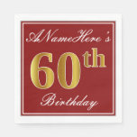 [ Thumbnail: Elegant Red, Faux Gold 60th Birthday + Custom Name Napkins ]