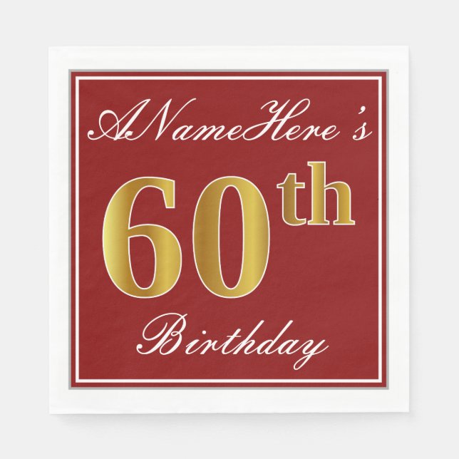 Elegant Red, Faux Gold 60th Birthday + Custom Name Paper Napkins (Front)