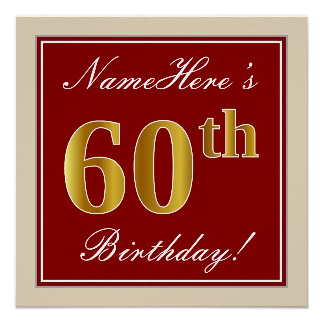 Elegant, Red, Faux Gold 60th Birthday; Custom Name Poster (Front)