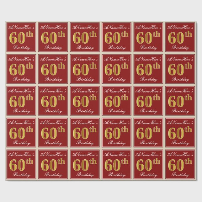 Elegant, Red, Faux Gold 60th Birthday; Custom Name Wrapping Paper (Flat)