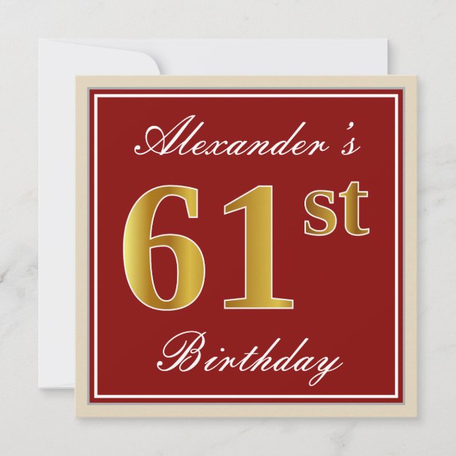 Elegant, Red, Faux Gold 61st Birthday; Custom Name Invitation (Front)