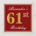 [ Thumbnail: Elegant, Red, Faux Gold 61st Birthday; Custom Name Invitation ]