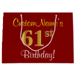 [ Thumbnail: Elegant, Red, Faux Gold 61st Birthday; Custom Name Gift Bag ]