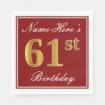 [ Thumbnail: Elegant Red, Faux Gold 61st Birthday + Custom Name Napkins ]
