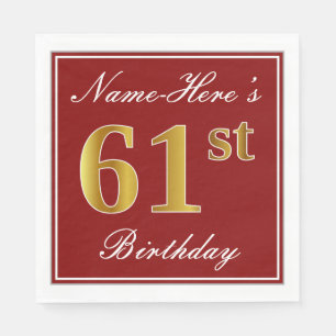 Elegant Red, Faux Gold 61st Birthday + Custom Name Napkins