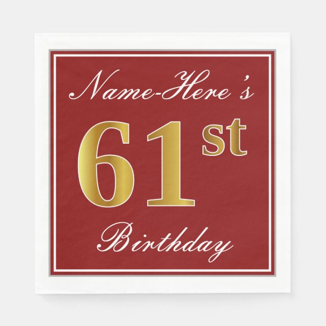 Elegant Red, Faux Gold 61st Birthday + Custom Name Napkins (Front)