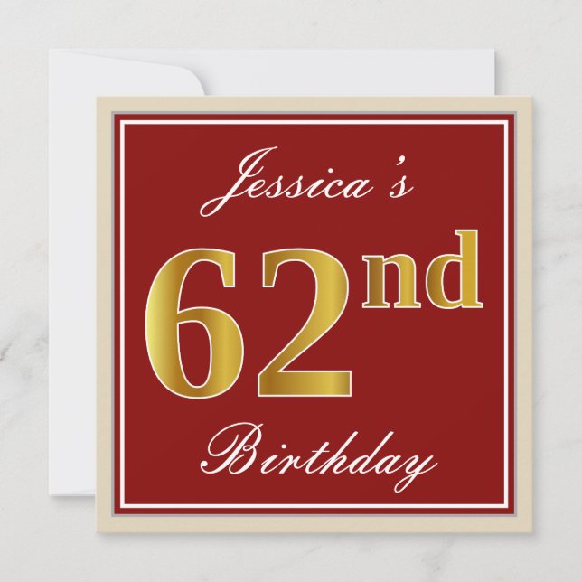 Elegant, Red, Faux Gold 62nd Birthday; Custom Name Invitation (Front)