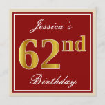 [ Thumbnail: Elegant, Red, Faux Gold 62nd Birthday; Custom Name Invitation ]