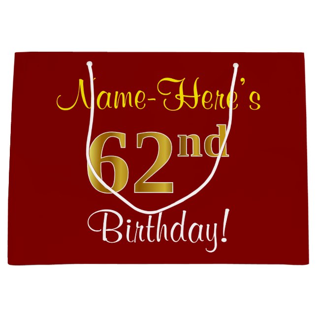 Elegant, Red, Faux Gold 62nd Birthday; Custom Name Large Gift Bag (Front)