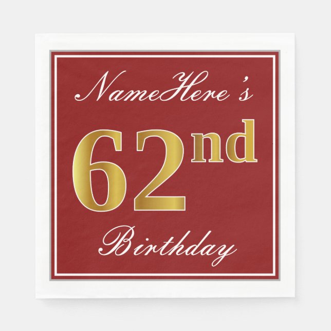 Elegant Red, Faux Gold 62nd Birthday + Custom Name Napkins (Front)