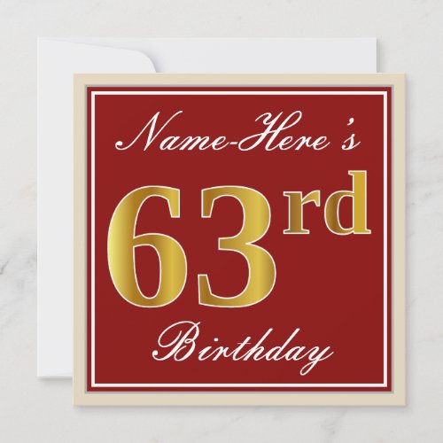 Elegant Red Faux Gold 63rd Birthday Custom Name Invitation