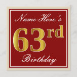 [ Thumbnail: Elegant, Red, Faux Gold 63rd Birthday; Custom Name Invitation ]