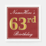 [ Thumbnail: Elegant Red, Faux Gold 63rd Birthday + Custom Name Napkins ]