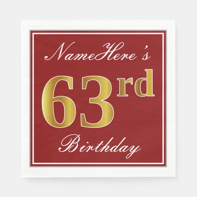 Elegant Red, Faux Gold 63rd Birthday + Custom Name Napkins (Front)