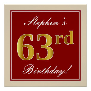 Elegant, Red, Faux Gold 63rd Birthday; Custom Name Poster